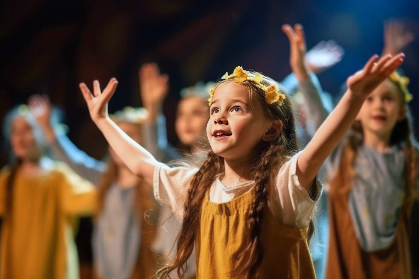 Child wearing crown with hands up playing a theatrical role