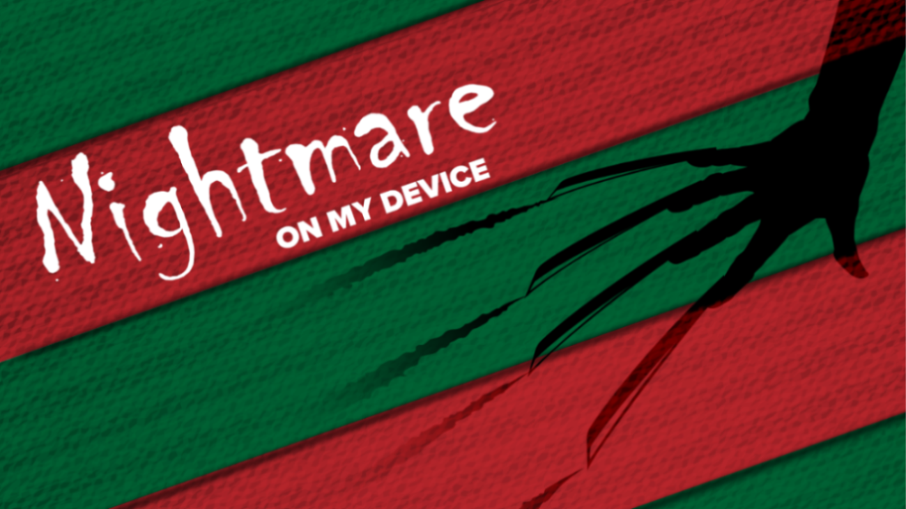 Nightmare on my device. Clawed hand on red/green striped background