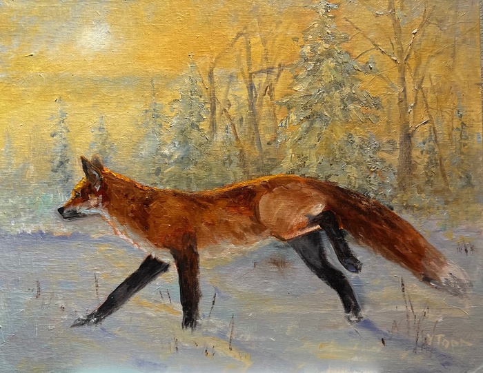 Man on a Mission painting of a fox walking through snowy woods